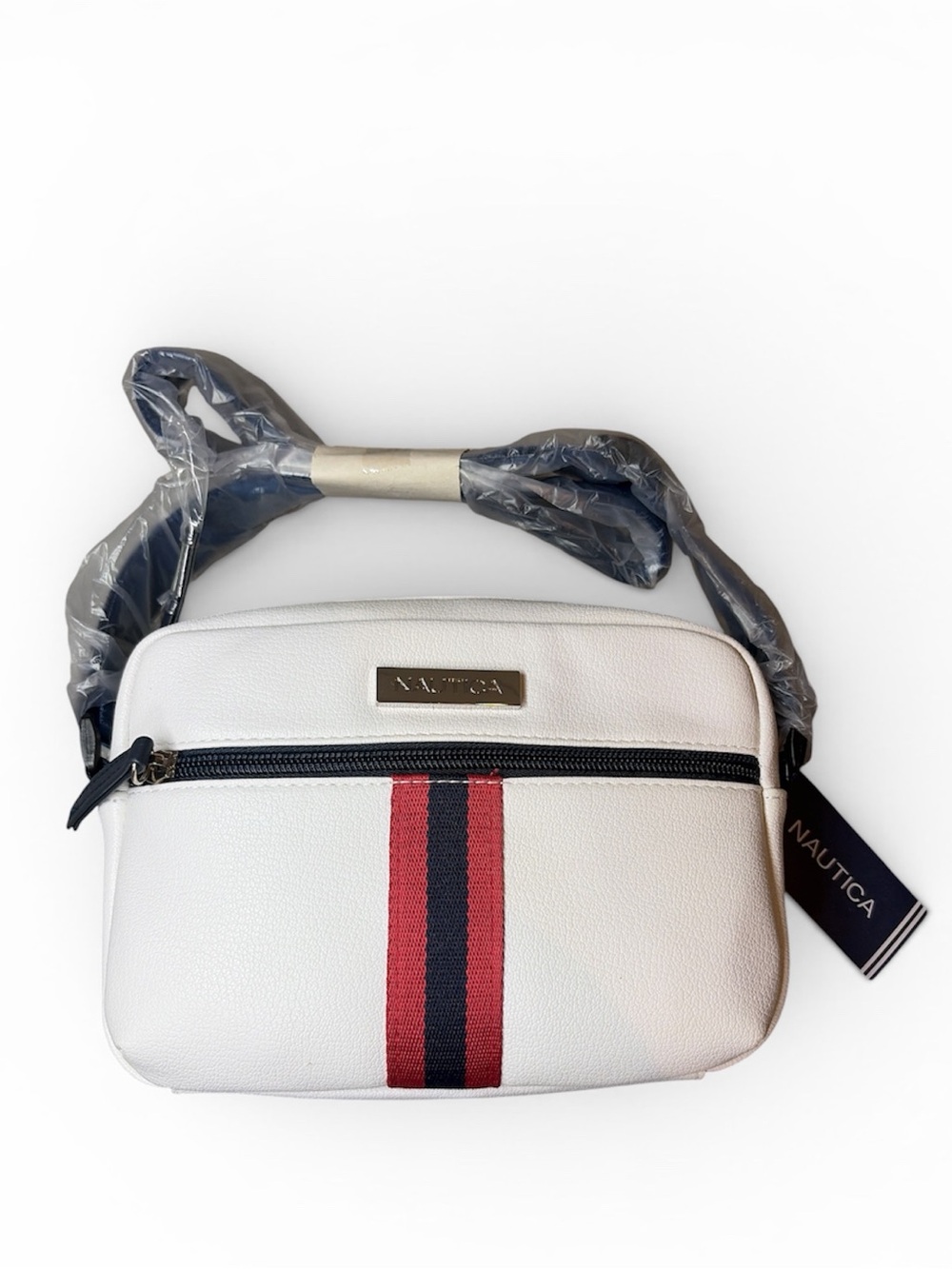 NWT NAUTICA White Crossbody with Red & Navy Center Stripe Camera XBODY